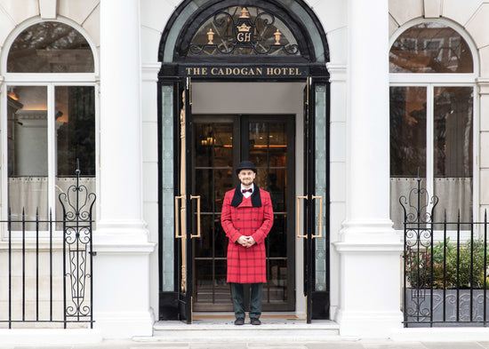 The Cadogan, A Belmond Hotel front entrance with doorman.  Teresa Tarmey facial treatments at The Cadogan